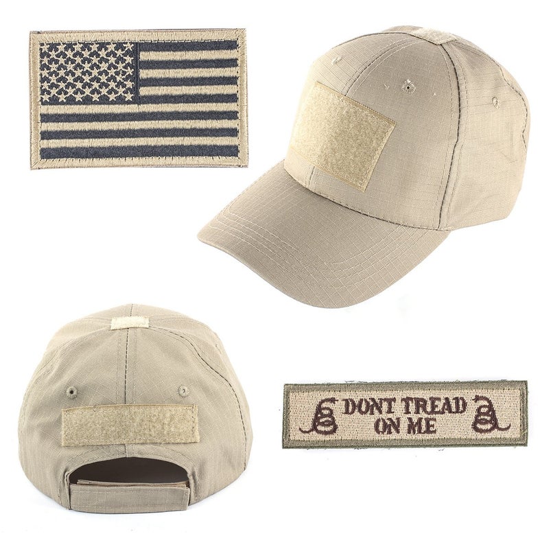 GES Tactical Hat for Men with 2 Pieces Military Patches, Adjustable Operator Hat with USA Flag/Dont Tread, American Flag Hat for Men Work, Gym, Hiking and More (Khaki Cap) - Image 1